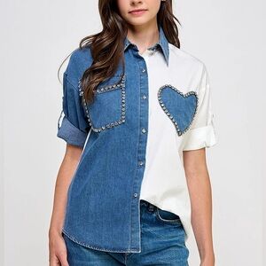 Blue and White Denim Heart Embellished Women's 3/4 sleeve Top